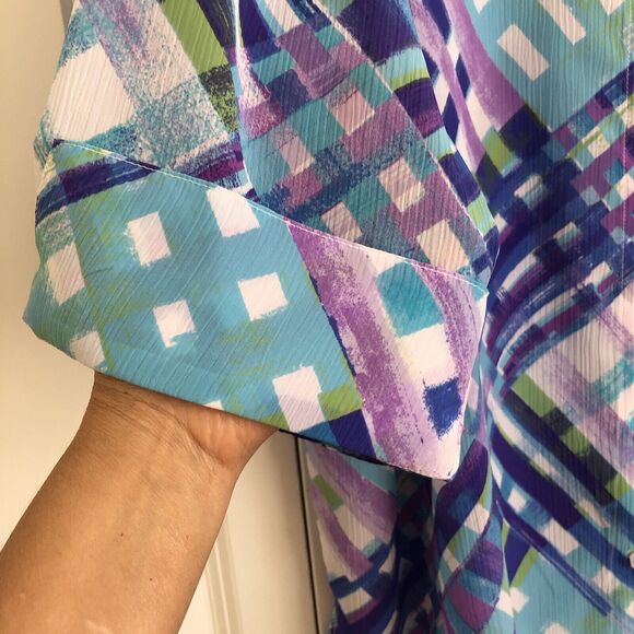 ALFRED DUNNER WOMEN'S TOP LATTICE PLAID BUTTON DOWN COLLARED NECK 3/4 SLEEVE 157 - Picture 5 of 5